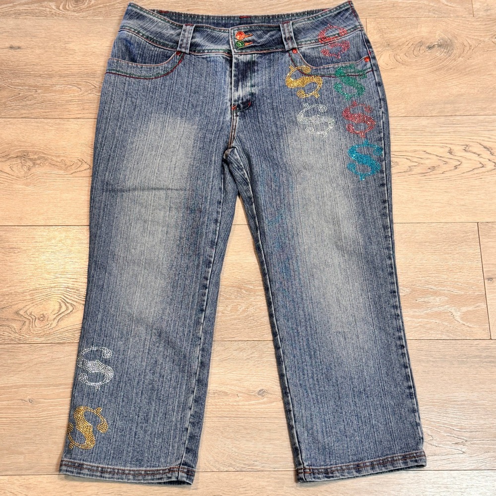 Platinum Plush Embellished‎ Denim Crop Pants Womens Size 13 Rhinestone 90's